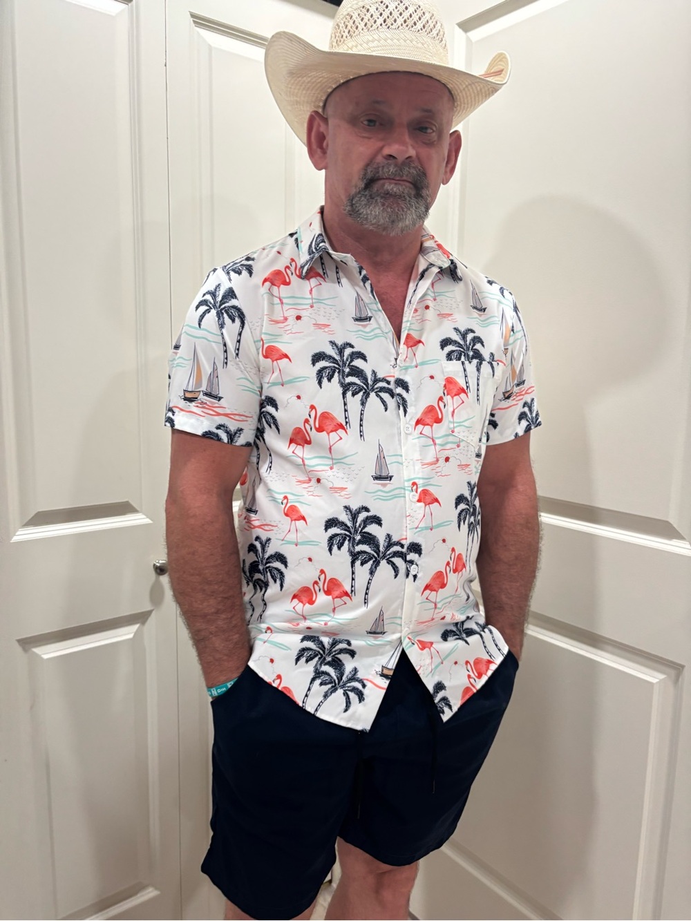 Manfinity 2 Piece Set Shorts Short Sleeve Button-Down Shirt Pink Flamingo Print